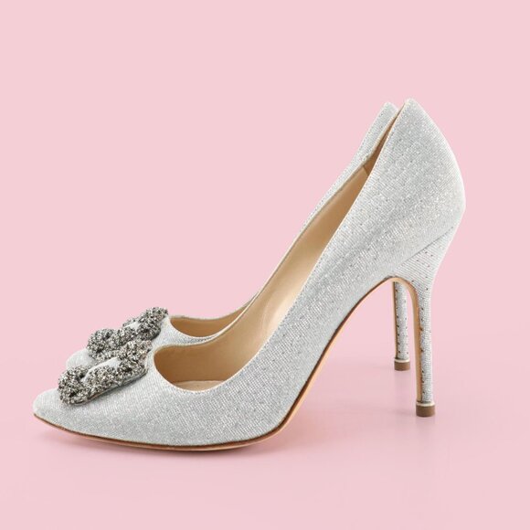 Manolo Blahnik Hangisi Silver Shimmery Embellished Pumps - Picture 3 of 8